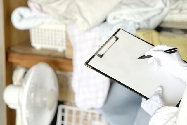 不用品を見ながらファイルに挟んだ用紙に記載している査定の場面